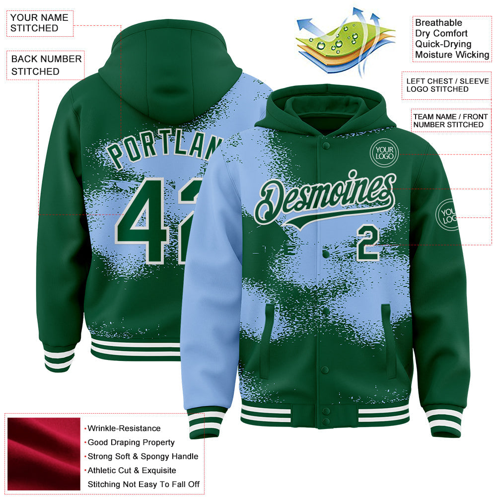 Custom Kelly Green Light Blue-White Abstract Color Blocks Fragment Pattern Bomber Full-Snap Varsity Letterman Hoodie Jacket view 4