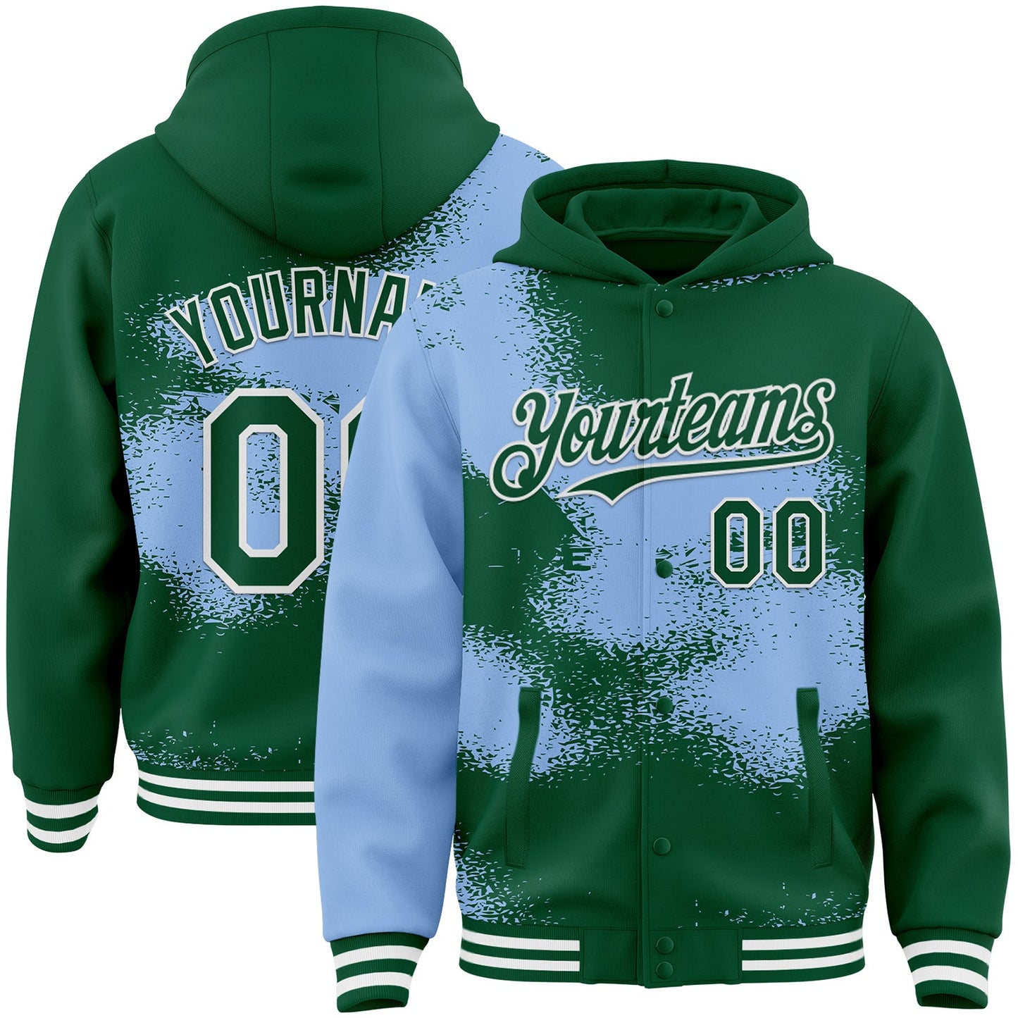 Custom Kelly Green Light Blue-White Abstract Color Blocks Fragment Pattern Bomber Full-Snap Varsity Letterman Hoodie Jacket - Main View