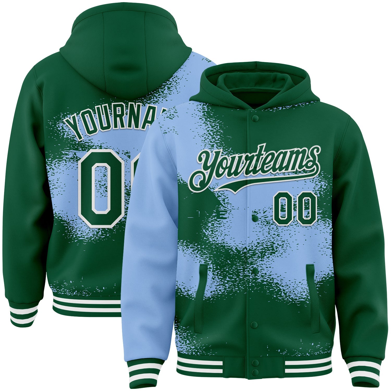 Custom Kelly Green Light Blue-White Abstract Color Blocks Fragment Pattern Bomber Full-Snap Varsity Letterman Hoodie Jacket - Main View
