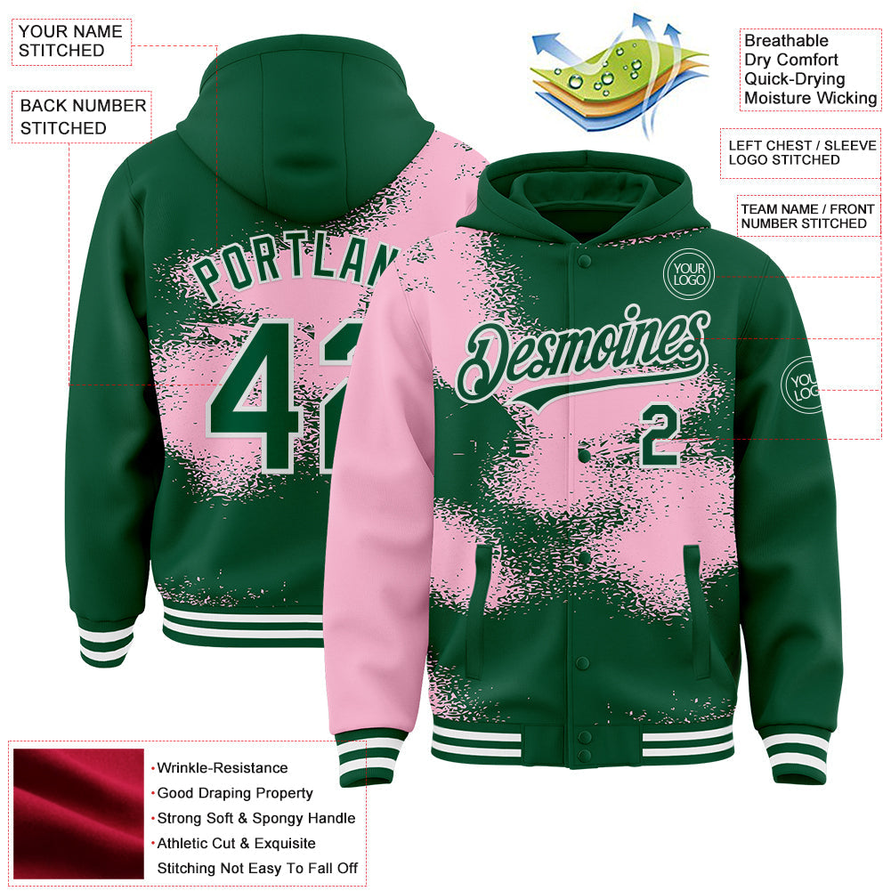 Custom Kelly Green Light Pink-White Abstract Color Blocks Fragment Pattern Bomber Full-Snap Varsity Letterman Hoodie Jacket view 4