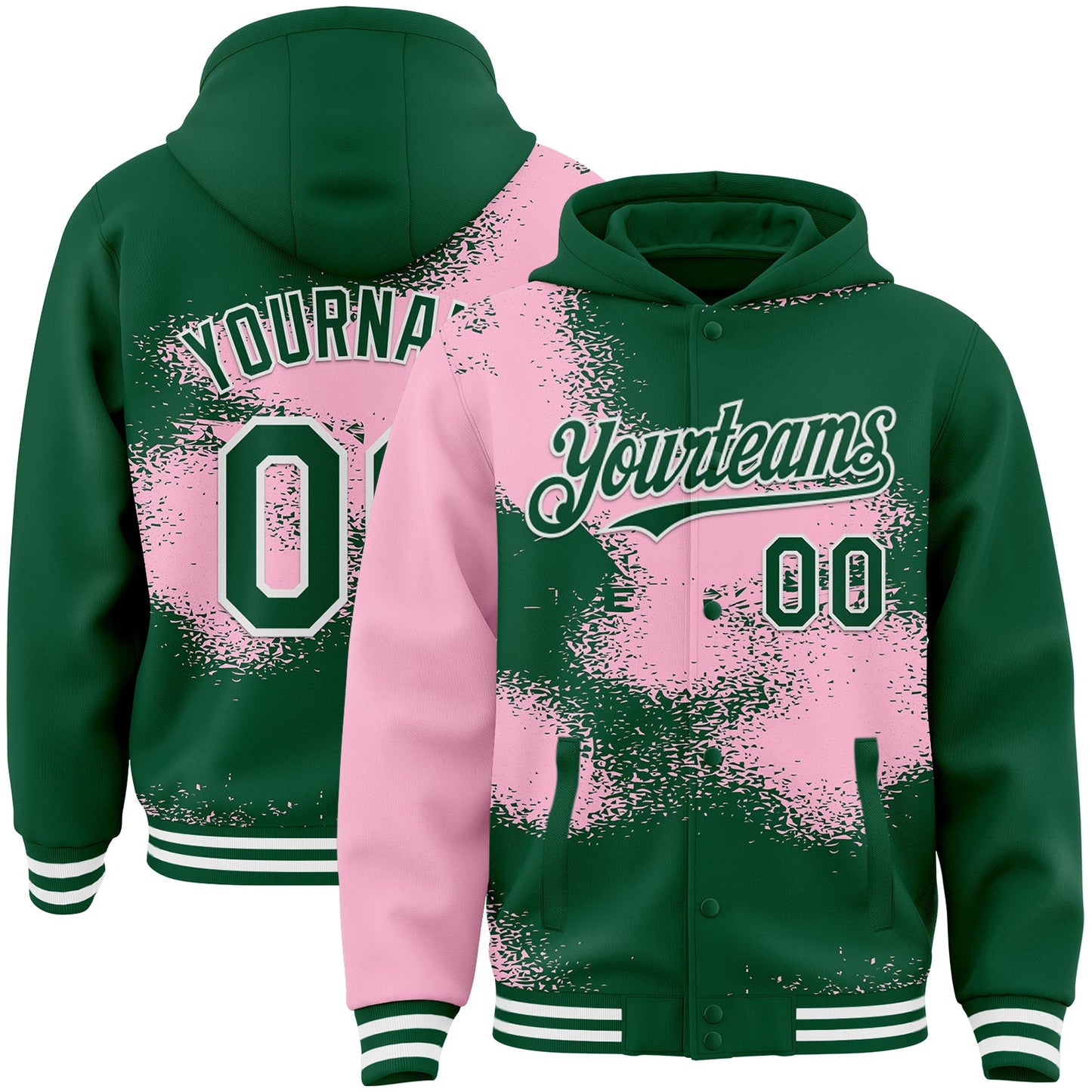 Custom Kelly Green Light Pink-White Abstract Color Blocks Fragment Pattern Bomber Full-Snap Varsity Letterman Hoodie Jacket - Main View