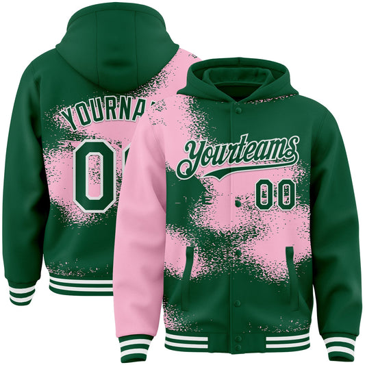 Custom Kelly Green Light Pink-White Abstract Color Blocks Fragment Pattern Bomber Full-Snap Varsity Letterman Hoodie Jacket - Main View