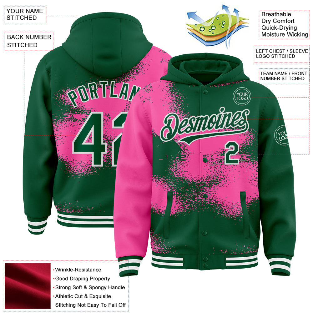 Custom Kelly Green Pink-White Abstract Color Blocks Fragment Pattern Bomber Full-Snap Varsity Letterman Hoodie Jacket view 4