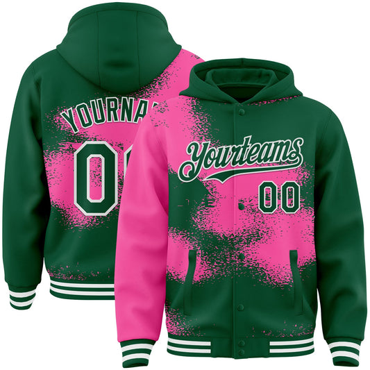Custom Kelly Green Pink-White Abstract Color Blocks Fragment Pattern Bomber Full-Snap Varsity Letterman Hoodie Jacket - Main View