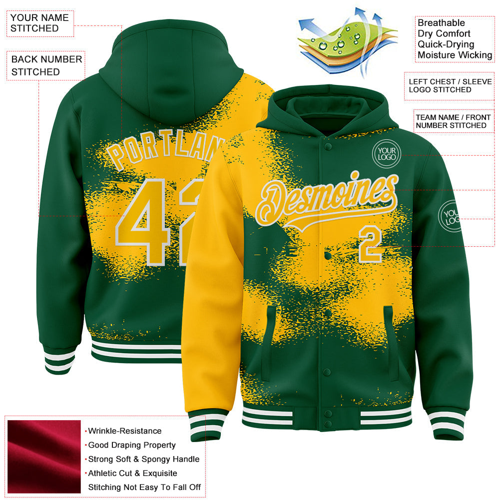 Custom Kelly Green Gold-White Abstract Color Blocks Fragment Pattern Bomber Full-Snap Varsity Letterman Hoodie Jacket view 4