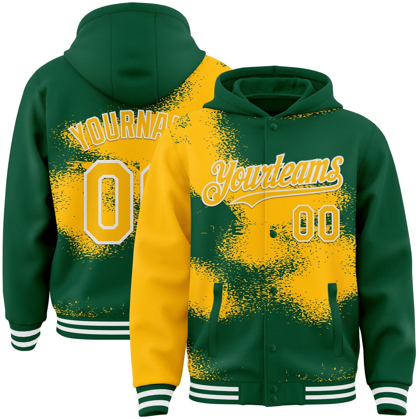 Custom Kelly Green Gold-White Abstract Color Blocks Fragment Pattern Bomber Full-Snap Varsity Letterman Hoodie Jacket - Main View