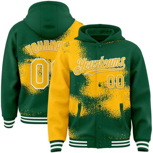 Custom Kelly Green Gold-White Abstract Color Blocks Fragment Pattern Bomber Full-Snap Varsity Letterman Hoodie Jacket - Main View