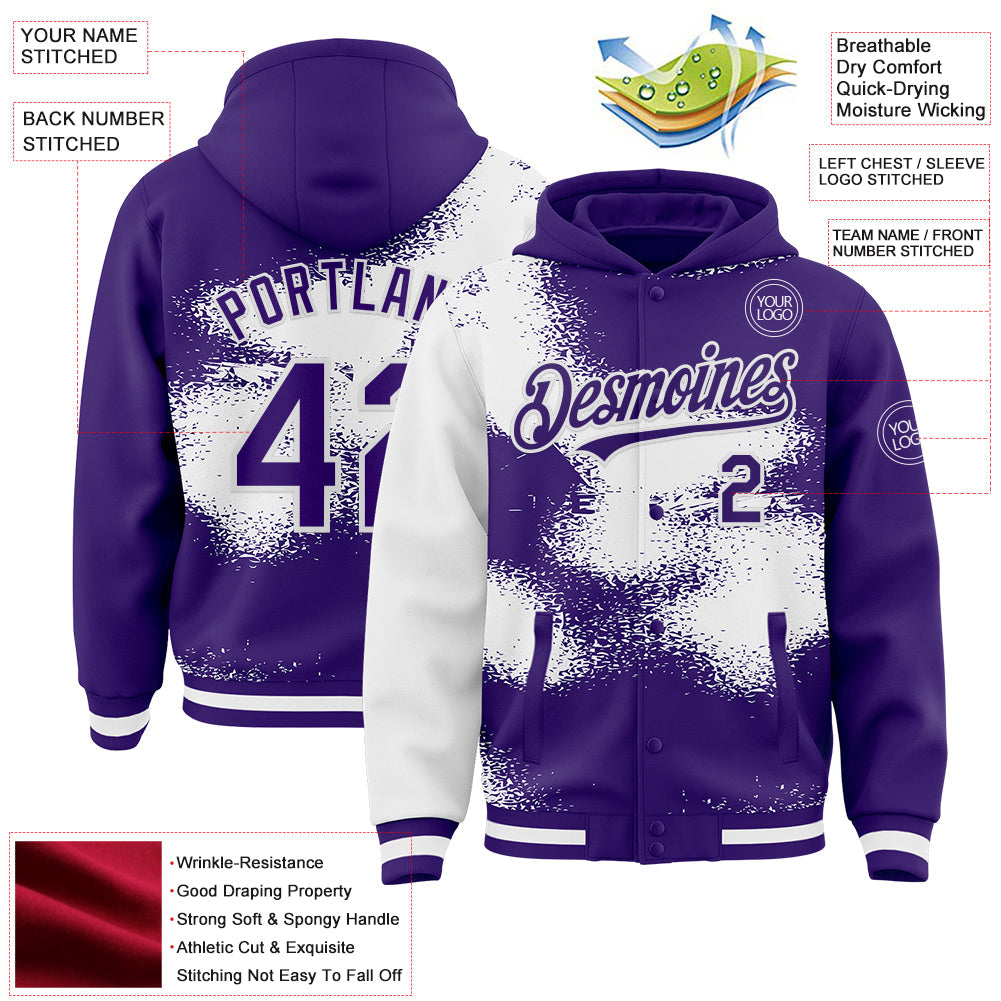 Custom Purple White Abstract Color Blocks Fragment Pattern Bomber Full-Snap Varsity Letterman Hoodie Jacket view 4