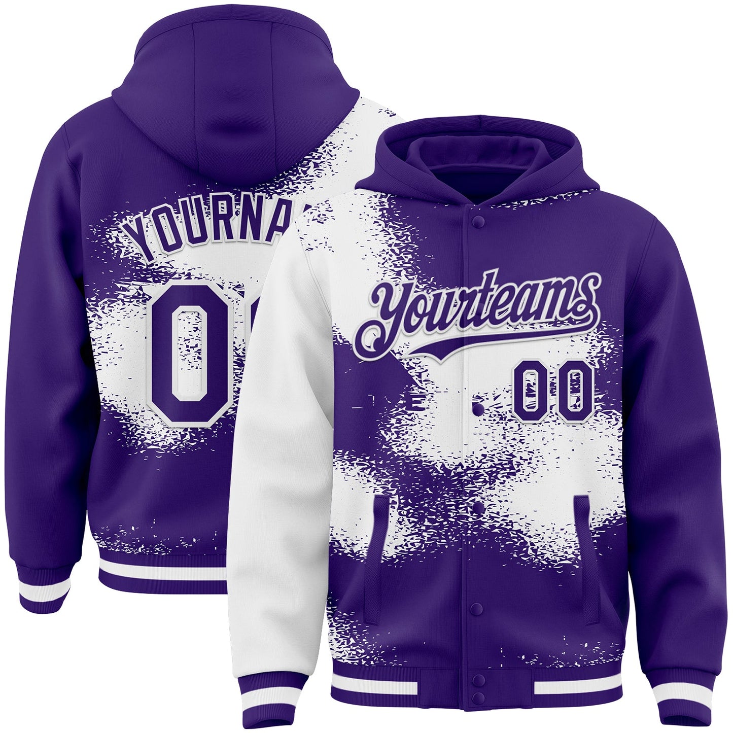 Custom Purple White Abstract Color Blocks Fragment Pattern Bomber Full-Snap Varsity Letterman Hoodie Jacket - Main View