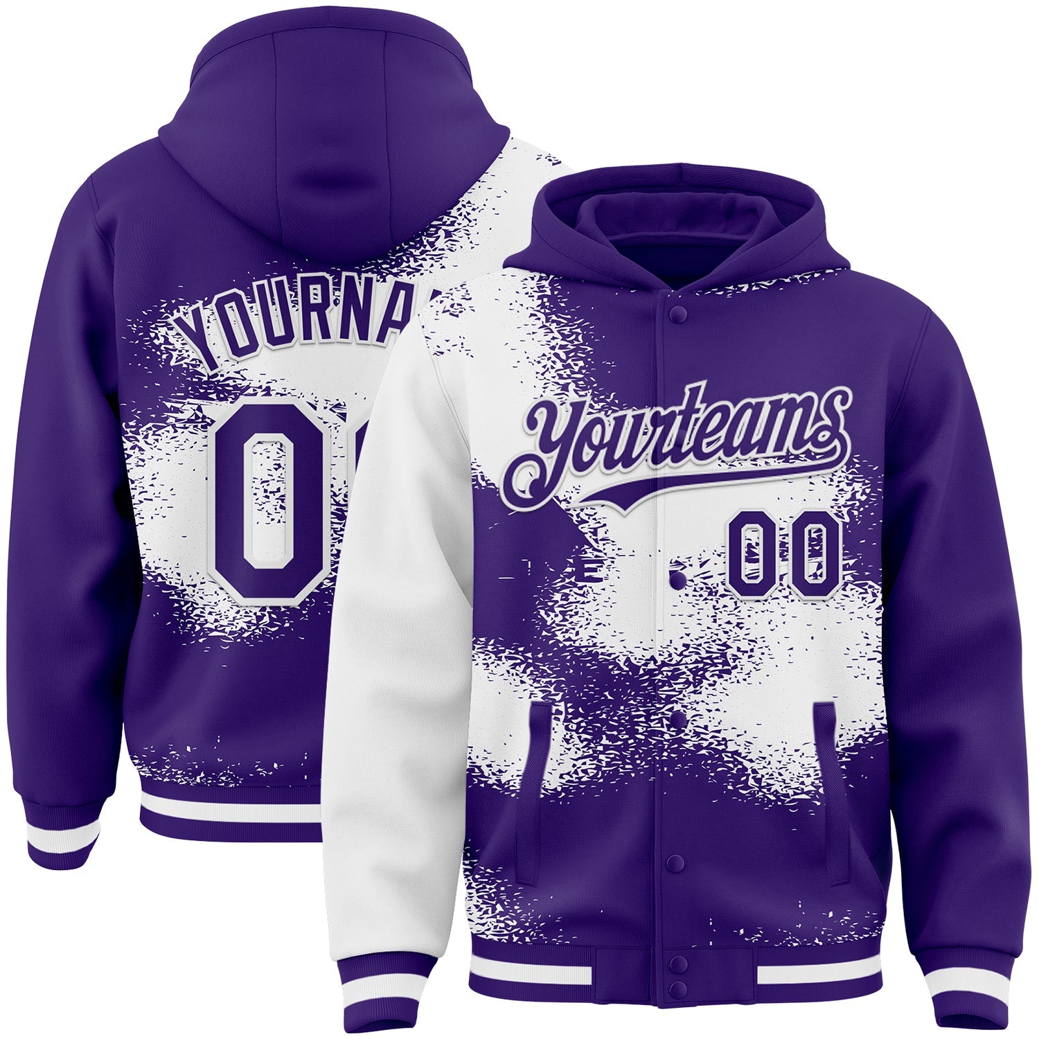 Custom Purple White Abstract Color Blocks Fragment Pattern Bomber Full-Snap Varsity Letterman Hoodie Jacket - Main View