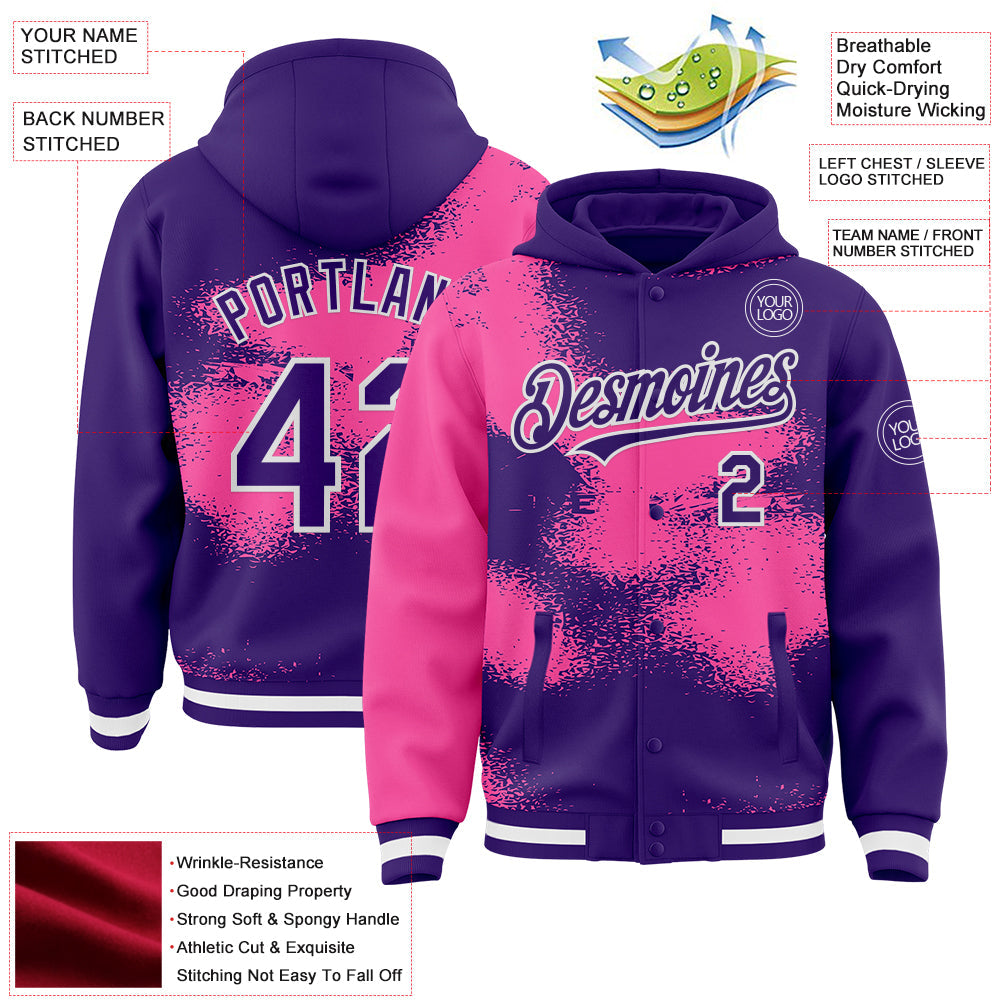 Custom Purple Pink-White Abstract Color Blocks Fragment Pattern Bomber Full-Snap Varsity Letterman Hoodie Jacket view 4