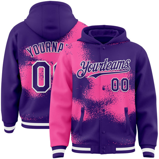Custom Purple Pink-White Abstract Color Blocks Fragment Pattern Bomber Full-Snap Varsity Letterman Hoodie Jacket - Main View