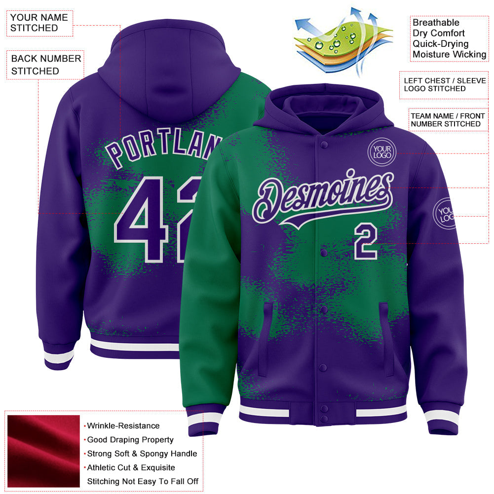 Custom Purple Kelly Green-White Abstract Color Blocks Fragment Pattern Bomber Full-Snap Varsity Letterman Hoodie Jacket view 4