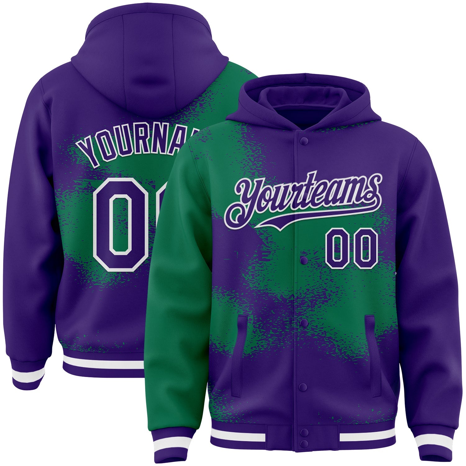 Custom Purple Kelly Green-White Abstract Color Blocks Fragment Pattern Bomber Full-Snap Varsity Letterman Hoodie Jacket - Main View