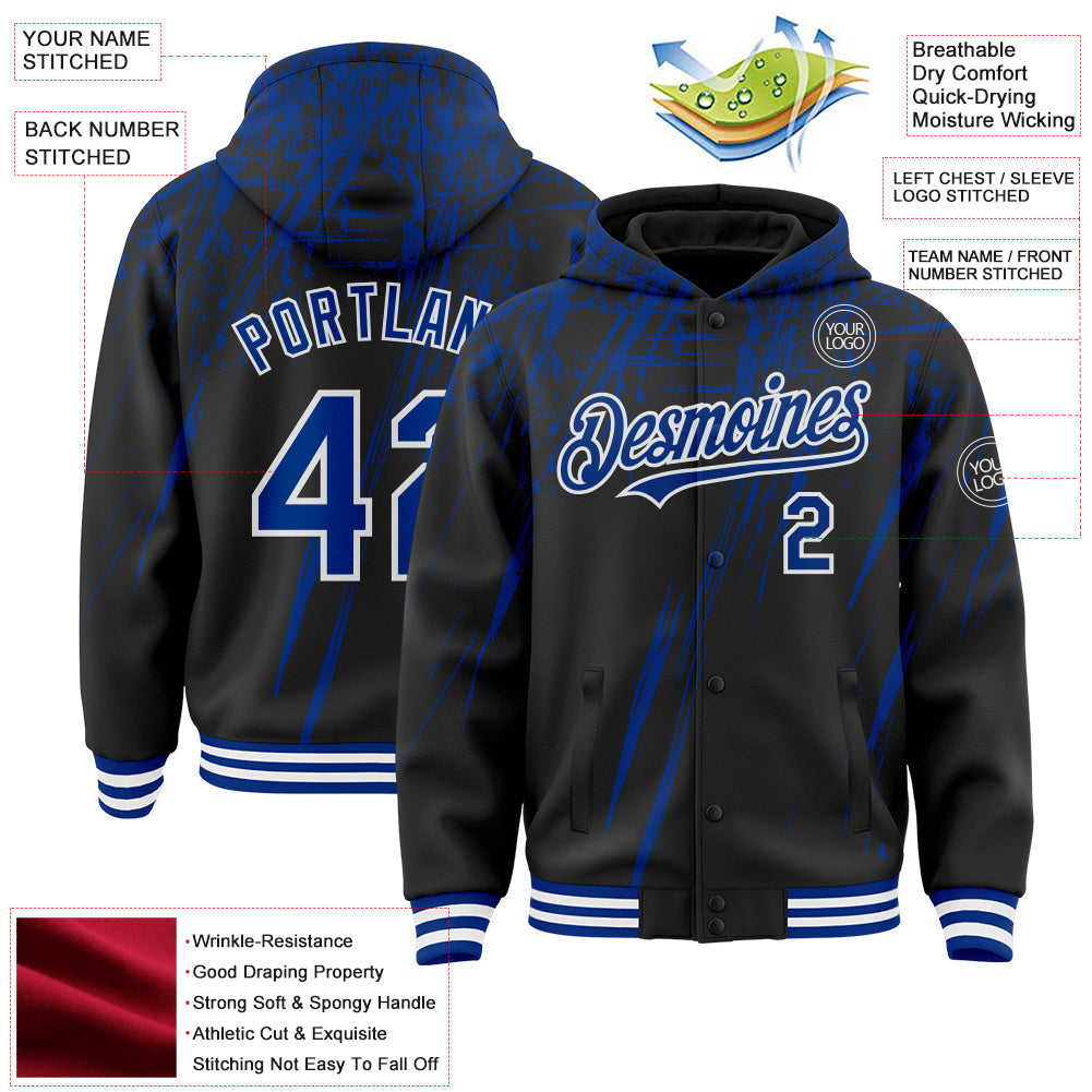 Custom Black Royal-White Splash Bomber Full-Snap Varsity Letterman Hoodie Jacket view 4