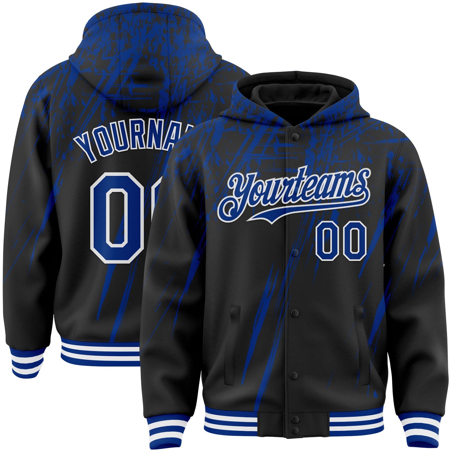 Custom Black Royal-White Splash Bomber Full-Snap Varsity Letterman Hoodie Jacket - Main View