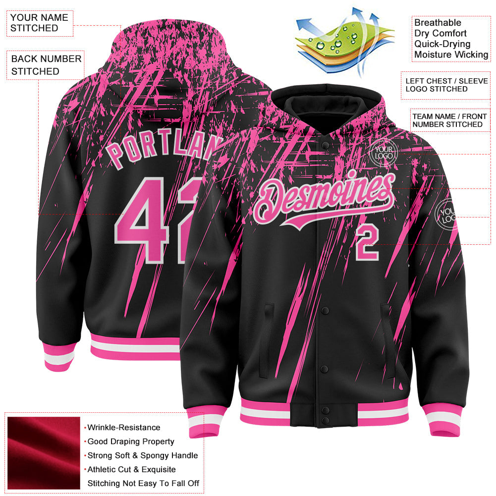 Custom Black Pink-White Splash Bomber Full-Snap Varsity Letterman Hoodie Jacket view 4