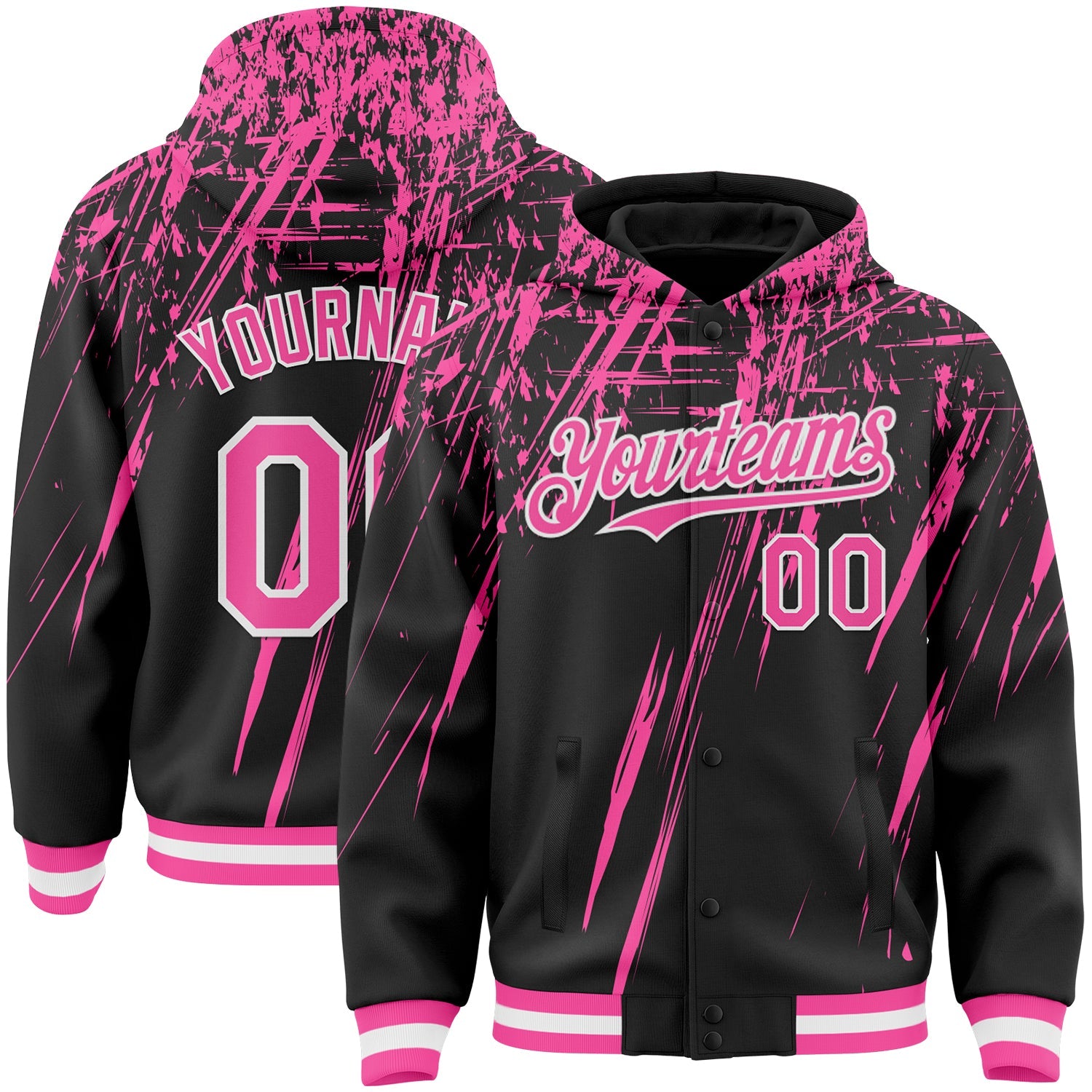 Custom Black Pink-White Splash Bomber Full-Snap Varsity Letterman Hoodie Jacket - Main View