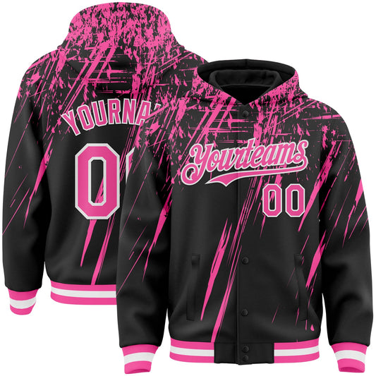Custom Black Pink-White Splash Bomber Full-Snap Varsity Letterman Hoodie Jacket - Main View