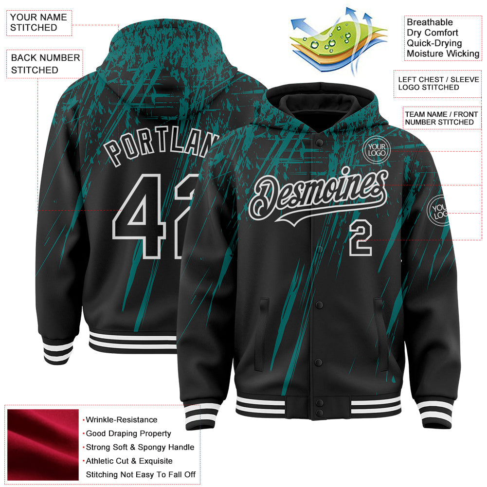 Custom Black Teal-White Splash Bomber Full-Snap Varsity Letterman Hoodie Jacket view 4