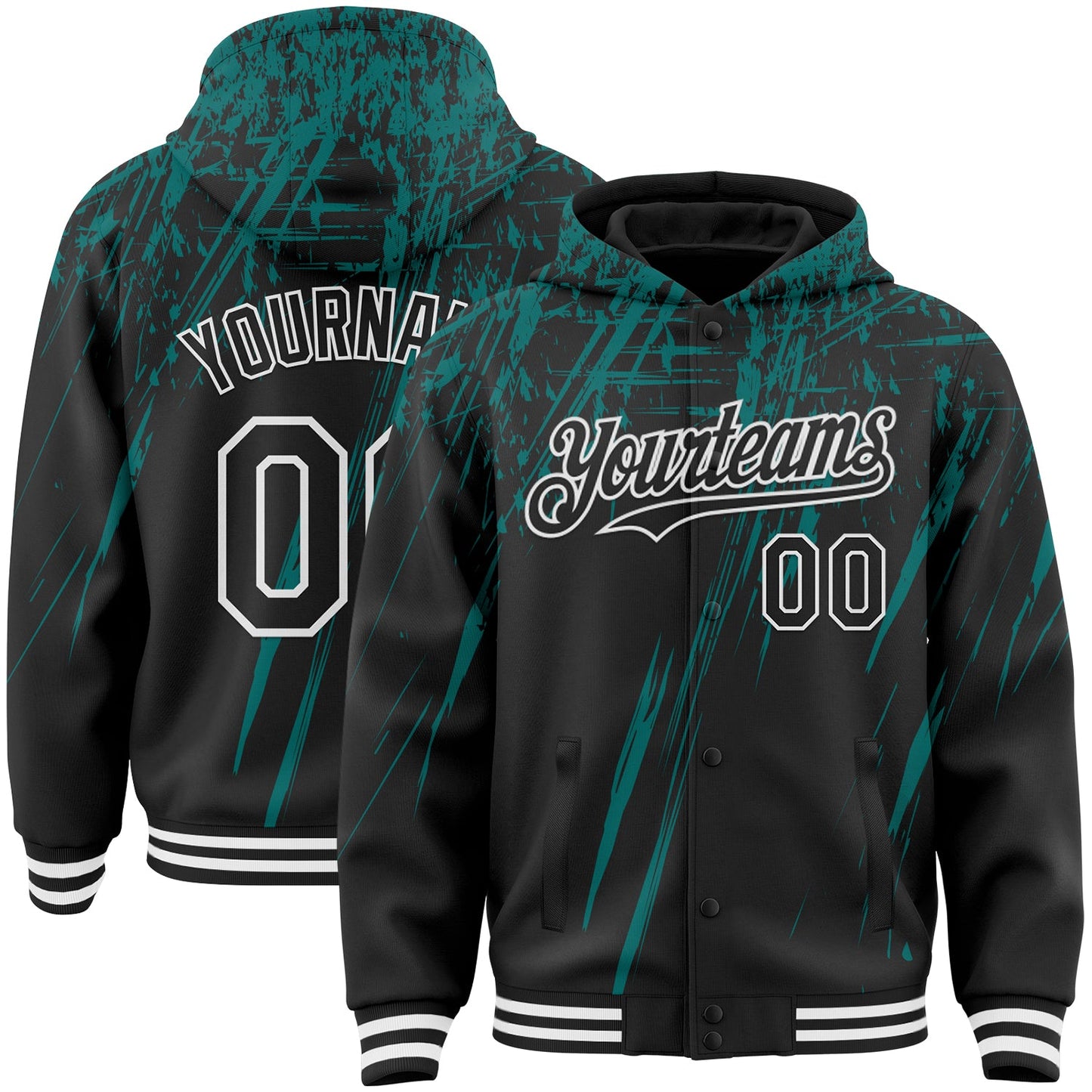 Custom Black Teal-White Splash Bomber Full-Snap Varsity Letterman Hoodie Jacket - Main View