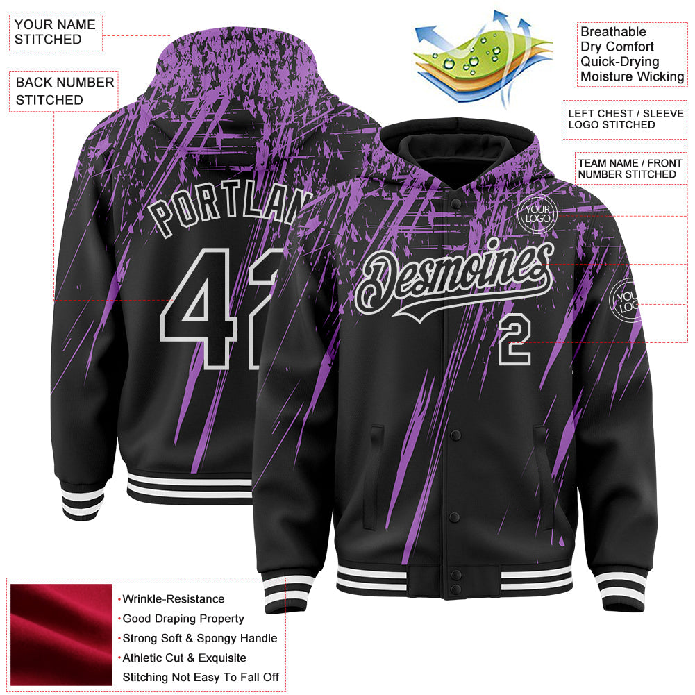 Custom Black Medium Purple-White Splash Bomber Full-Snap Varsity Letterman Hoodie Jacket view 4