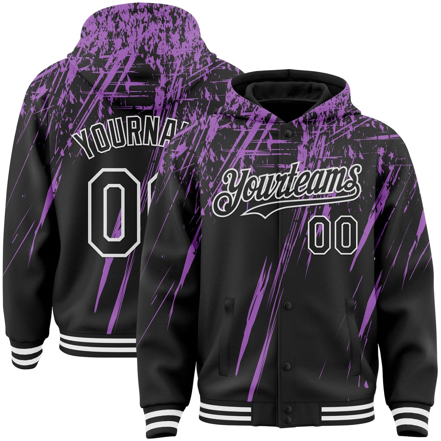 Custom Black Medium Purple-White Splash Bomber Full-Snap Varsity Letterman Hoodie Jacket - Main View