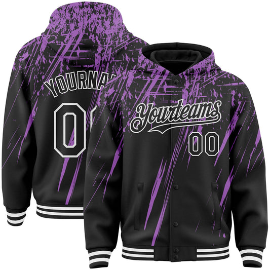 Custom Black Medium Purple-White Splash Bomber Full-Snap Varsity Letterman Hoodie Jacket - Main View