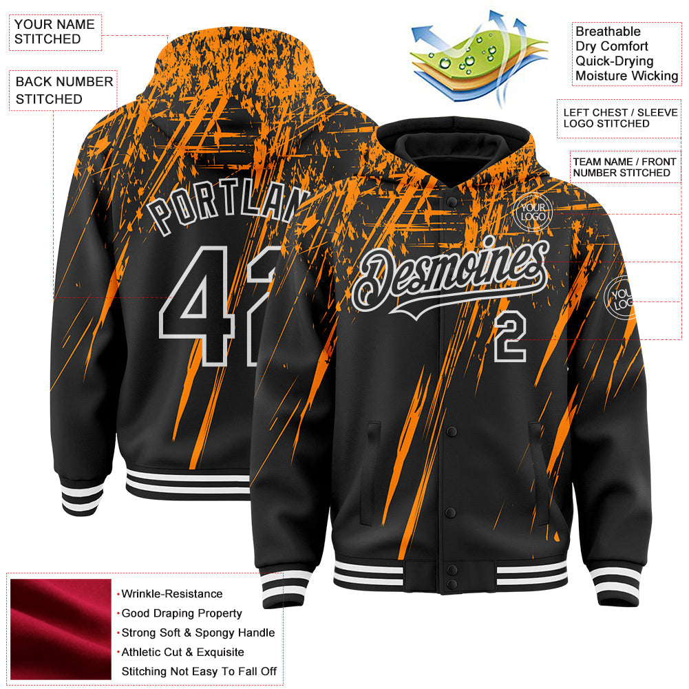 Custom Black Bay Orange-White Splash Bomber Full-Snap Varsity Letterman Hoodie Jacket view 4