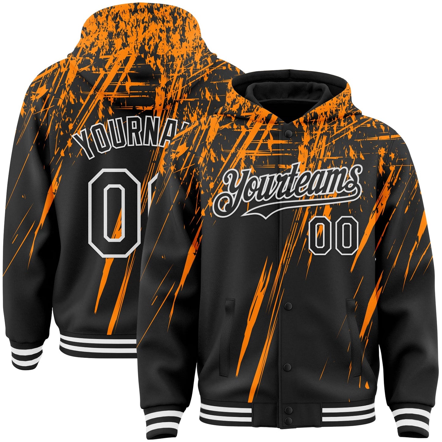 Custom Black Bay Orange-White Splash Bomber Full-Snap Varsity Letterman Hoodie Jacket - Main View