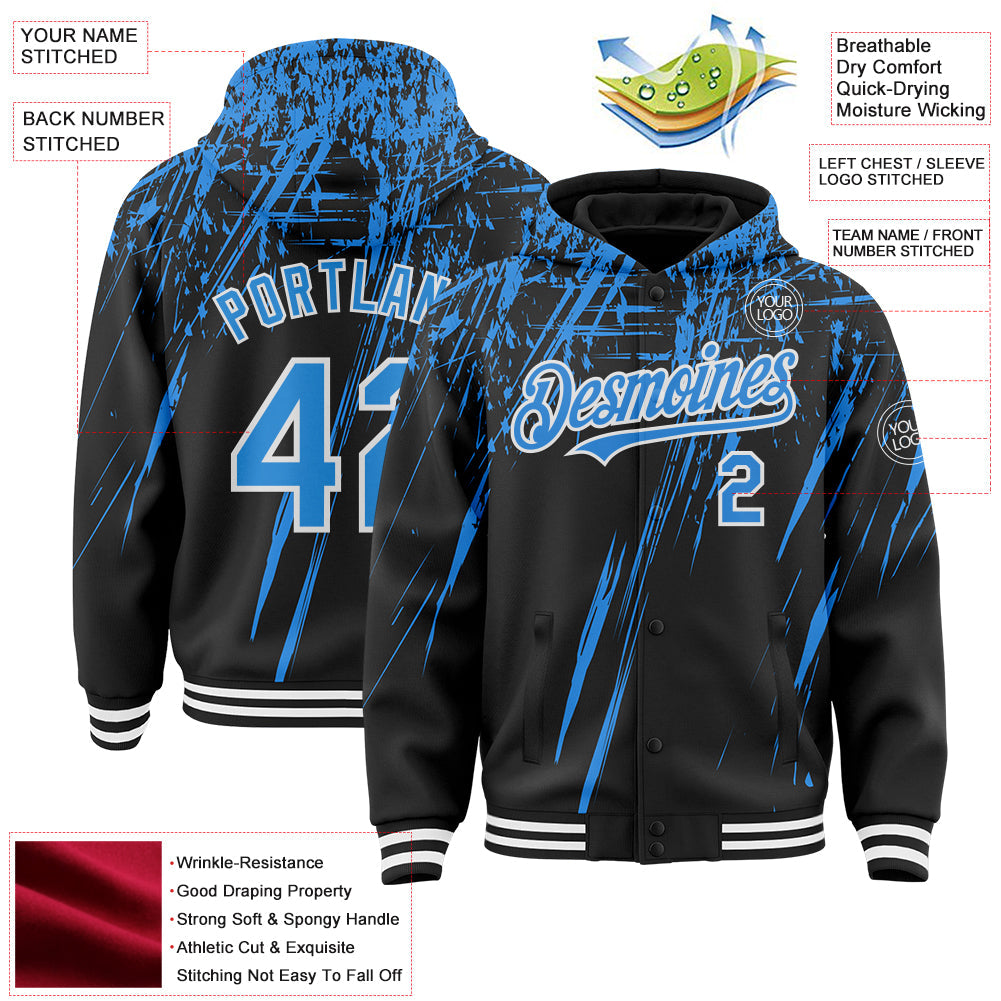 Custom Black Powder Blue-White Splash Bomber Full-Snap Varsity Letterman Hoodie Jacket view 4