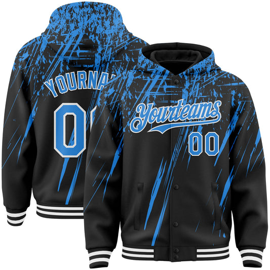 Custom Black Powder Blue-White Splash Bomber Full-Snap Varsity Letterman Hoodie Jacket - Main View