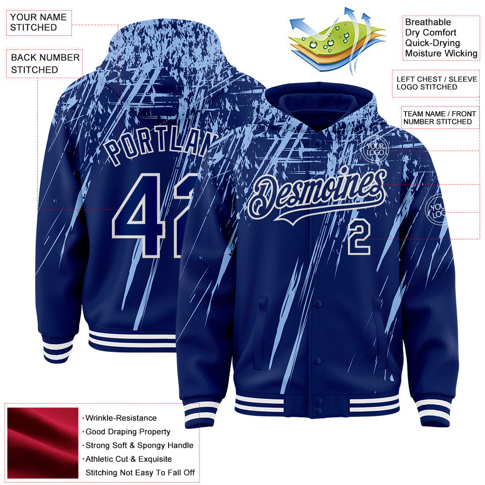 Custom Royal Light Blue-White Splash Bomber Full-Snap Varsity Letterman Hoodie Jacket view 4