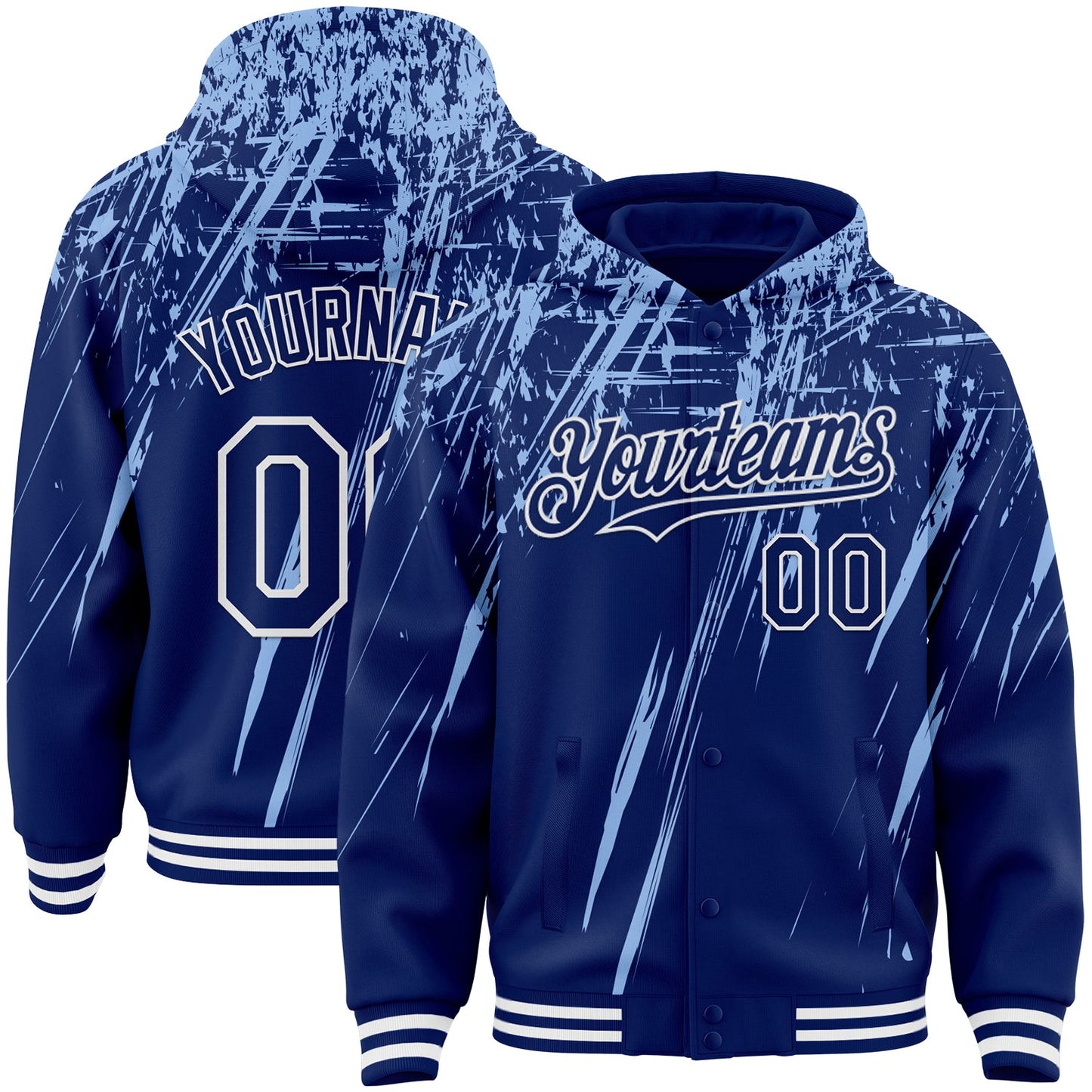 Custom Royal Light Blue-White Splash Bomber Full-Snap Varsity Letterman Hoodie Jacket - Main View