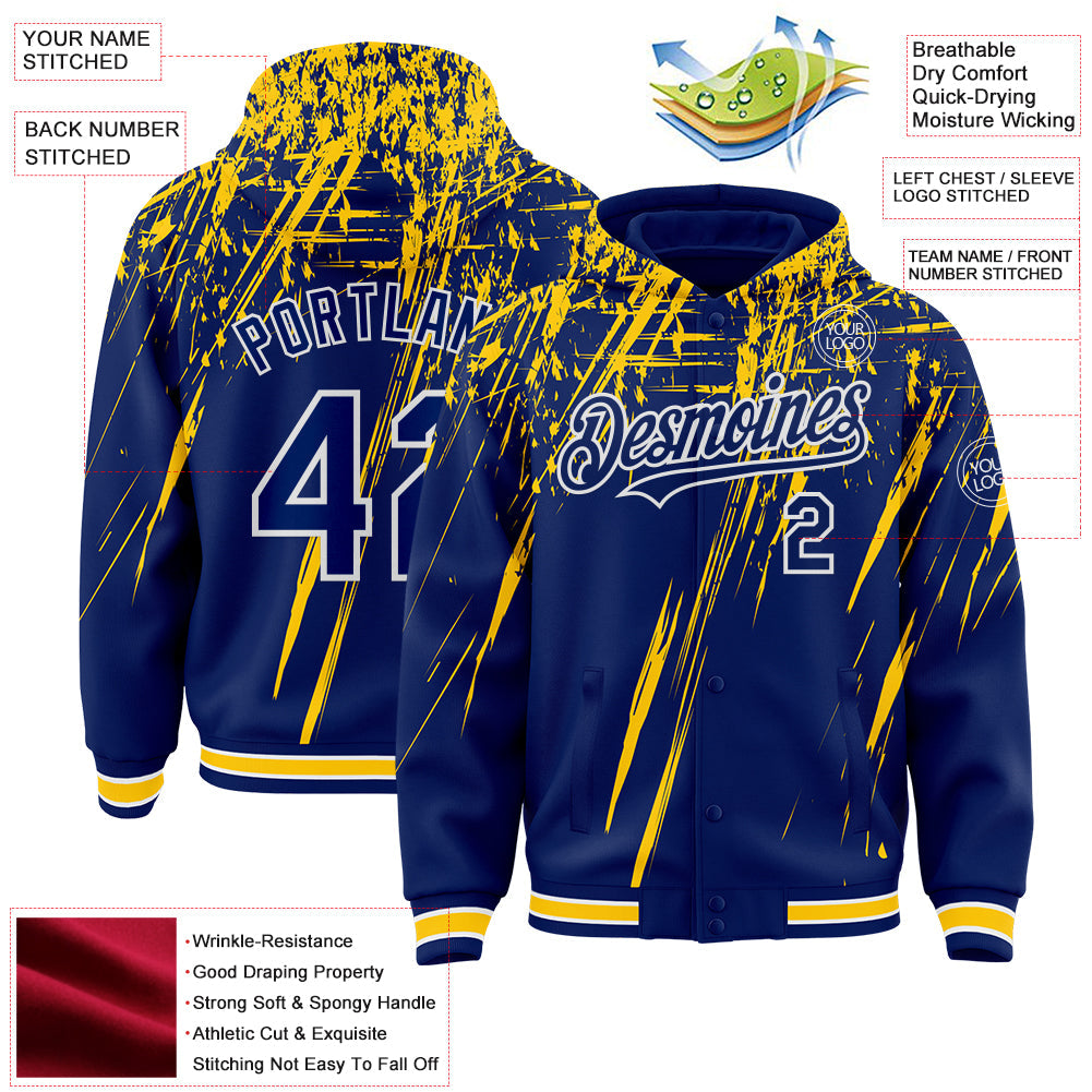 Custom Royal Yellow-White Splash Bomber Full-Snap Varsity Letterman Hoodie Jacket view 4