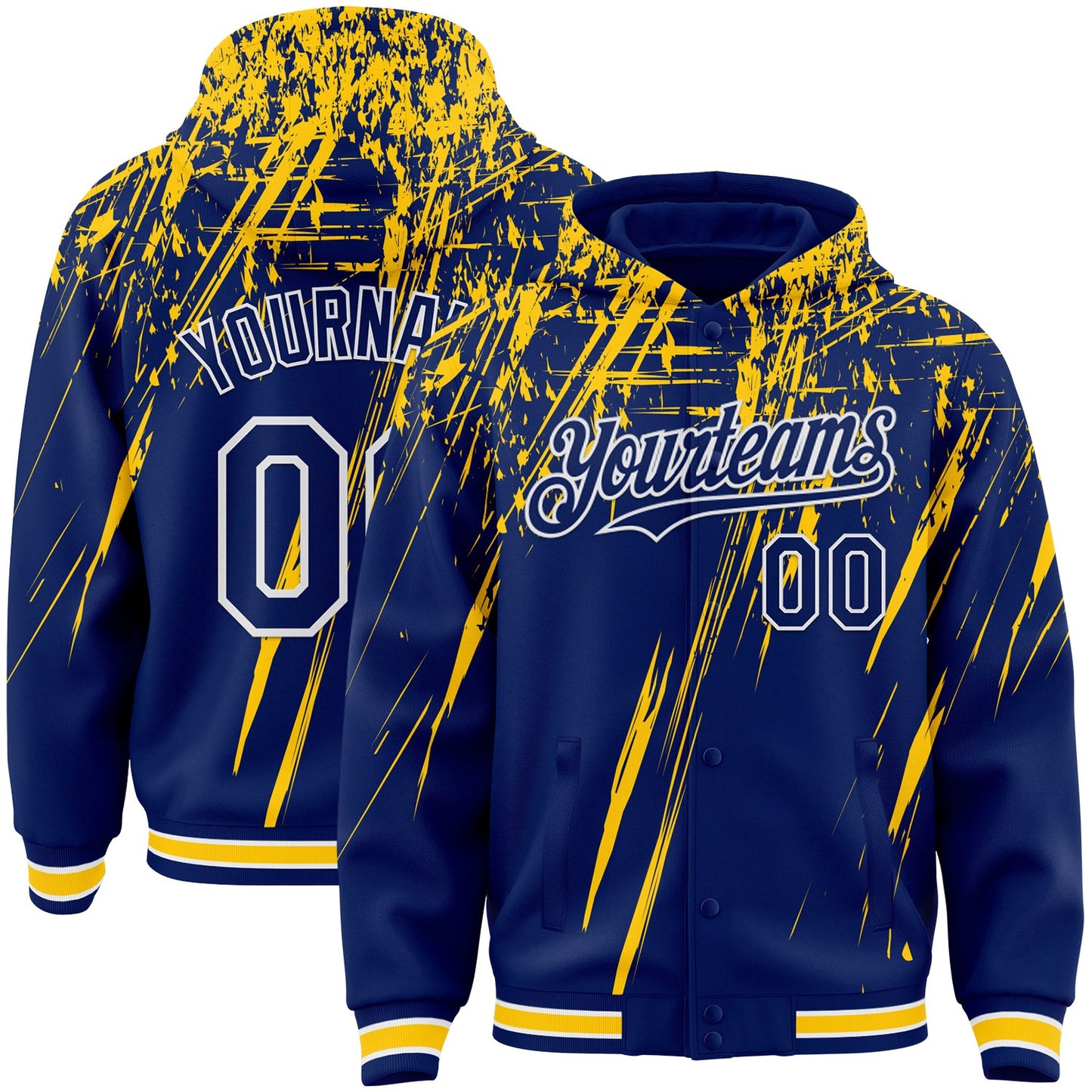 Custom Royal Yellow-White Splash Bomber Full-Snap Varsity Letterman Hoodie Jacket - Main View