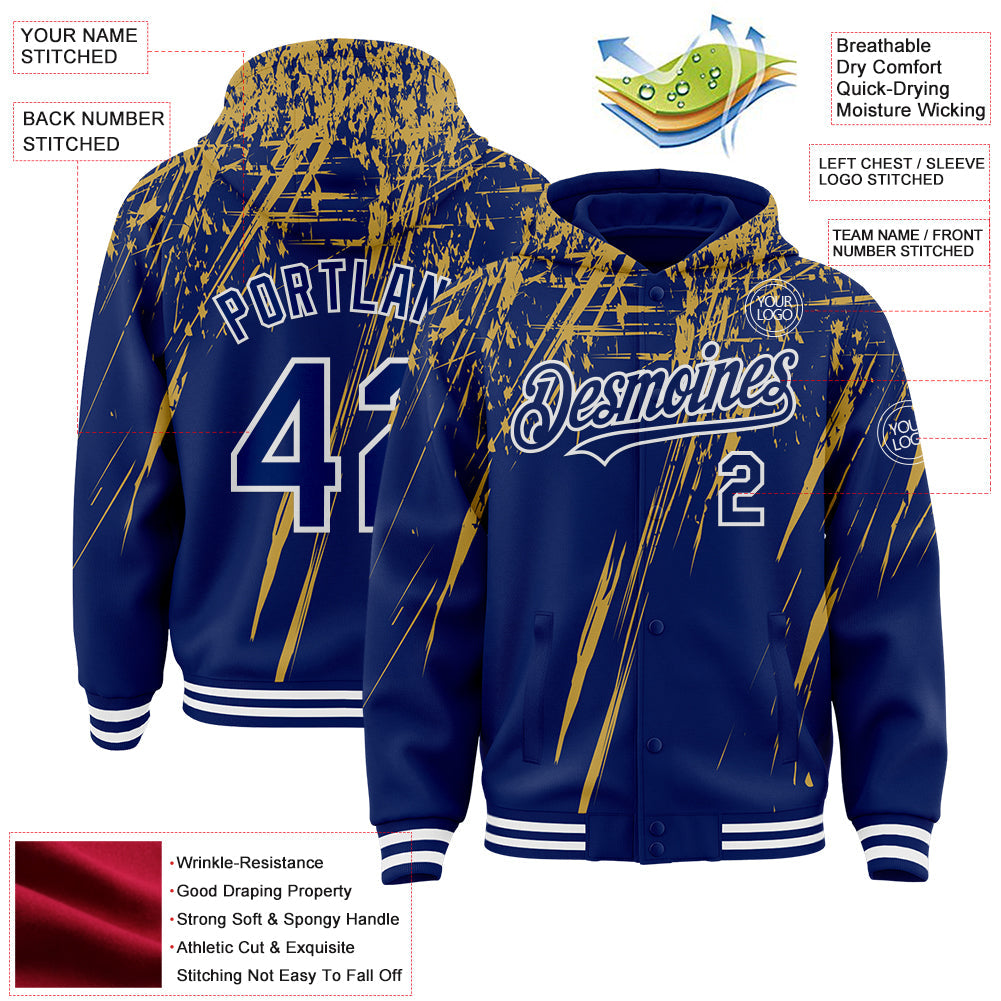 Custom Royal Old Gold-White Splash Bomber Full-Snap Varsity Letterman Hoodie Jacket view 4