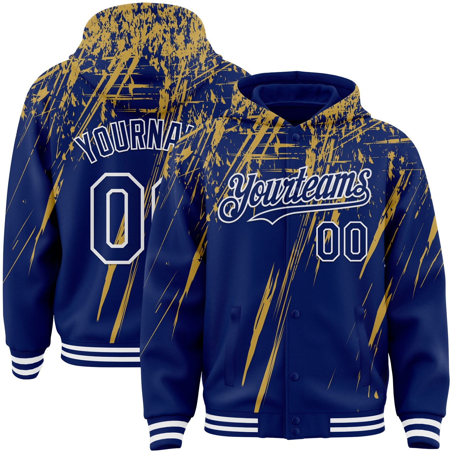 Custom Royal Old Gold-White Splash Bomber Full-Snap Varsity Letterman Hoodie Jacket - Main View