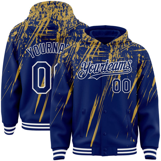 Custom Royal Old Gold-White Splash Bomber Full-Snap Varsity Letterman Hoodie Jacket - Main View
