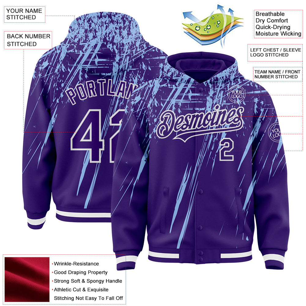 Custom Purple Light Blue-White Splash Bomber Full-Snap Varsity Letterman Hoodie Jacket view 4
