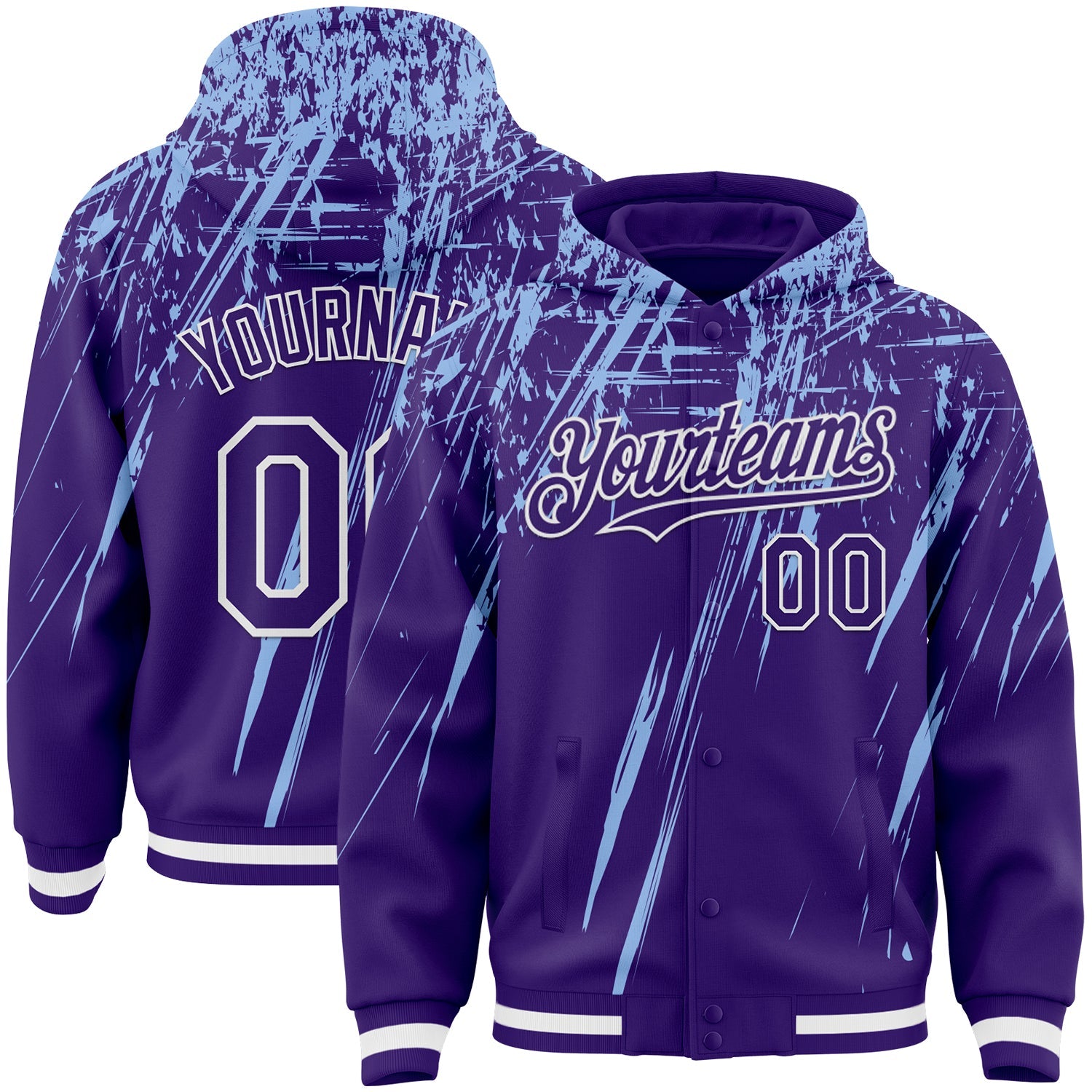 Custom Purple Light Blue-White Splash Bomber Full-Snap Varsity Letterman Hoodie Jacket - Main View