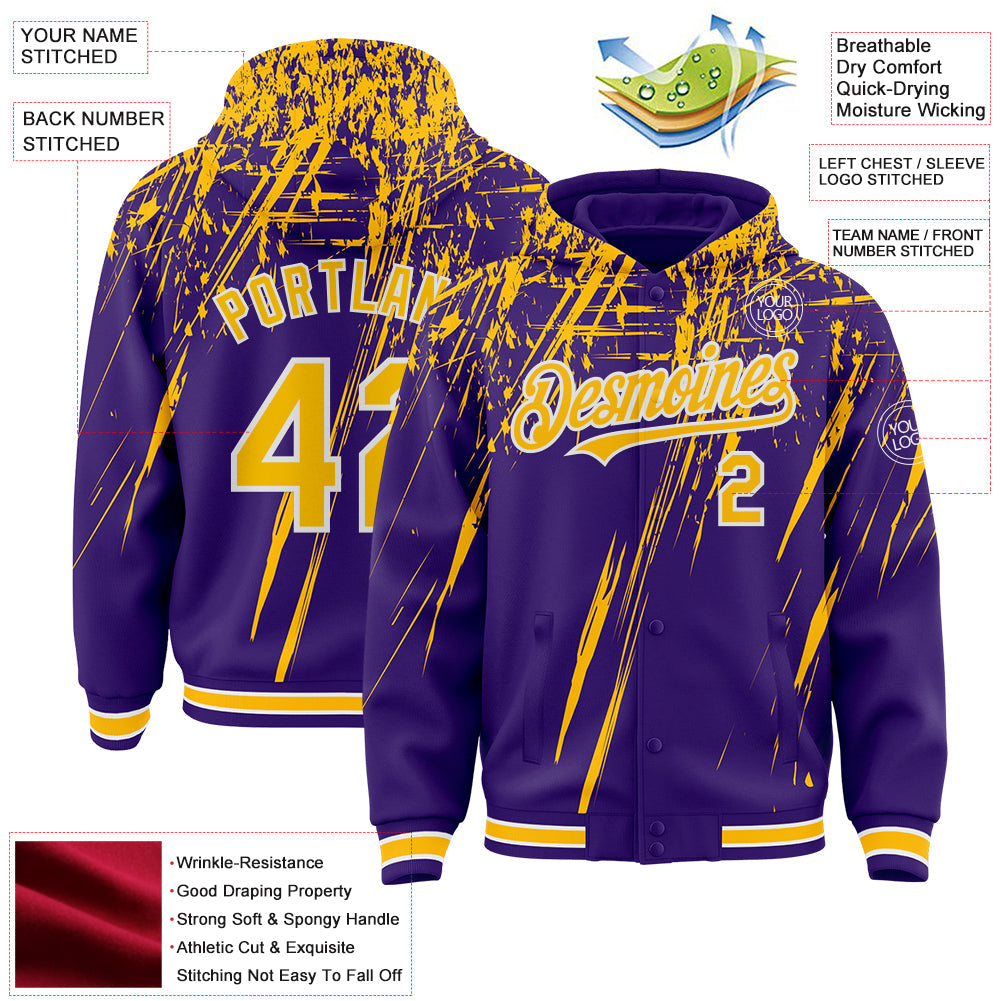 Custom Purple Gold-White Splash Bomber Full-Snap Varsity Letterman Hoodie Jacket view 4