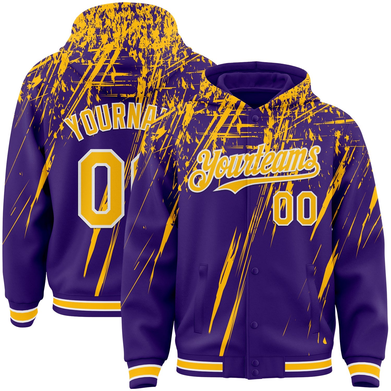 Custom Purple Gold-White Splash Bomber Full-Snap Varsity Letterman Hoodie Jacket - Main View
