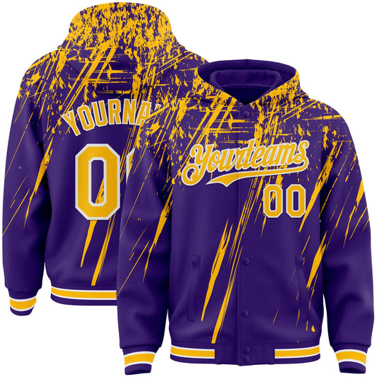 Custom Purple Gold-White Splash Bomber Full-Snap Varsity Letterman Hoodie Jacket - Main View
