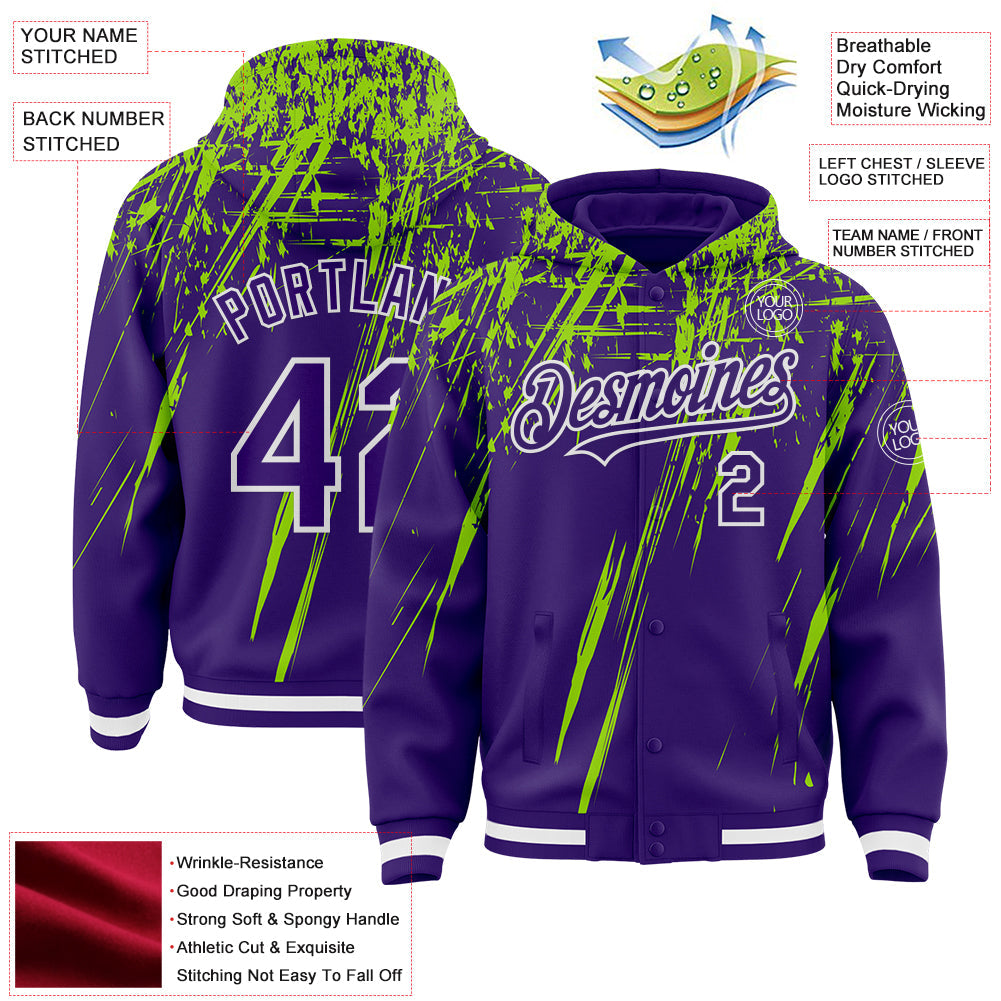 Custom Purple Neon Green-White Splash Bomber Full-Snap Varsity Letterman Hoodie Jacket view 4