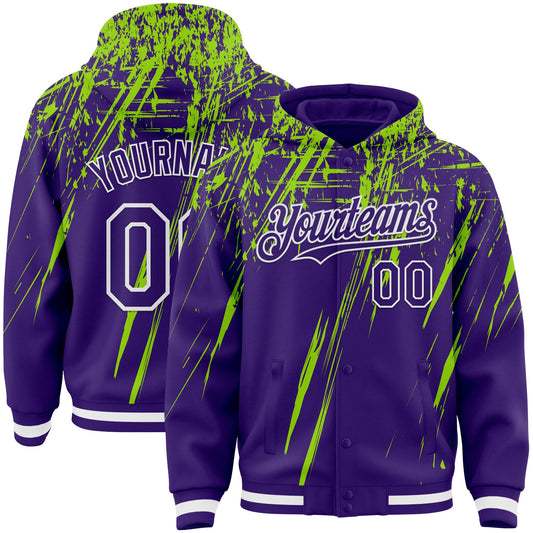Custom Purple Neon Green-White Splash Bomber Full-Snap Varsity Letterman Hoodie Jacket - Main View