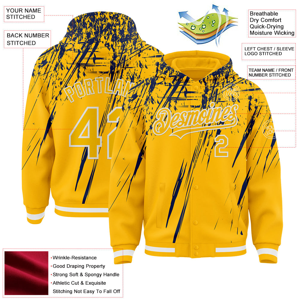 Custom Gold Navy-White Splash Bomber Full-Snap Varsity Letterman Hoodie Jacket view 4