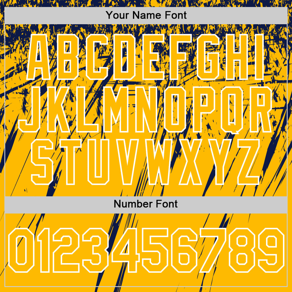 Custom Gold Navy-White Splash Bomber Full-Snap Varsity Letterman Hoodie Jacket view 6