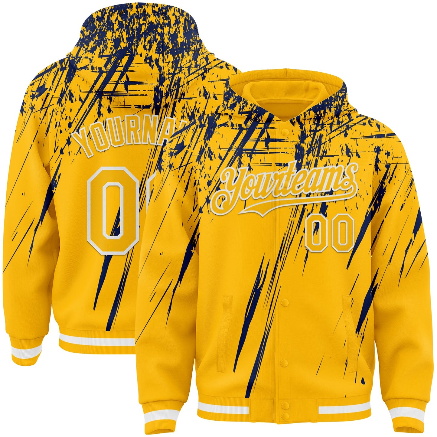 Custom Gold Navy-White Splash Bomber Full-Snap Varsity Letterman Hoodie Jacket - Main View
