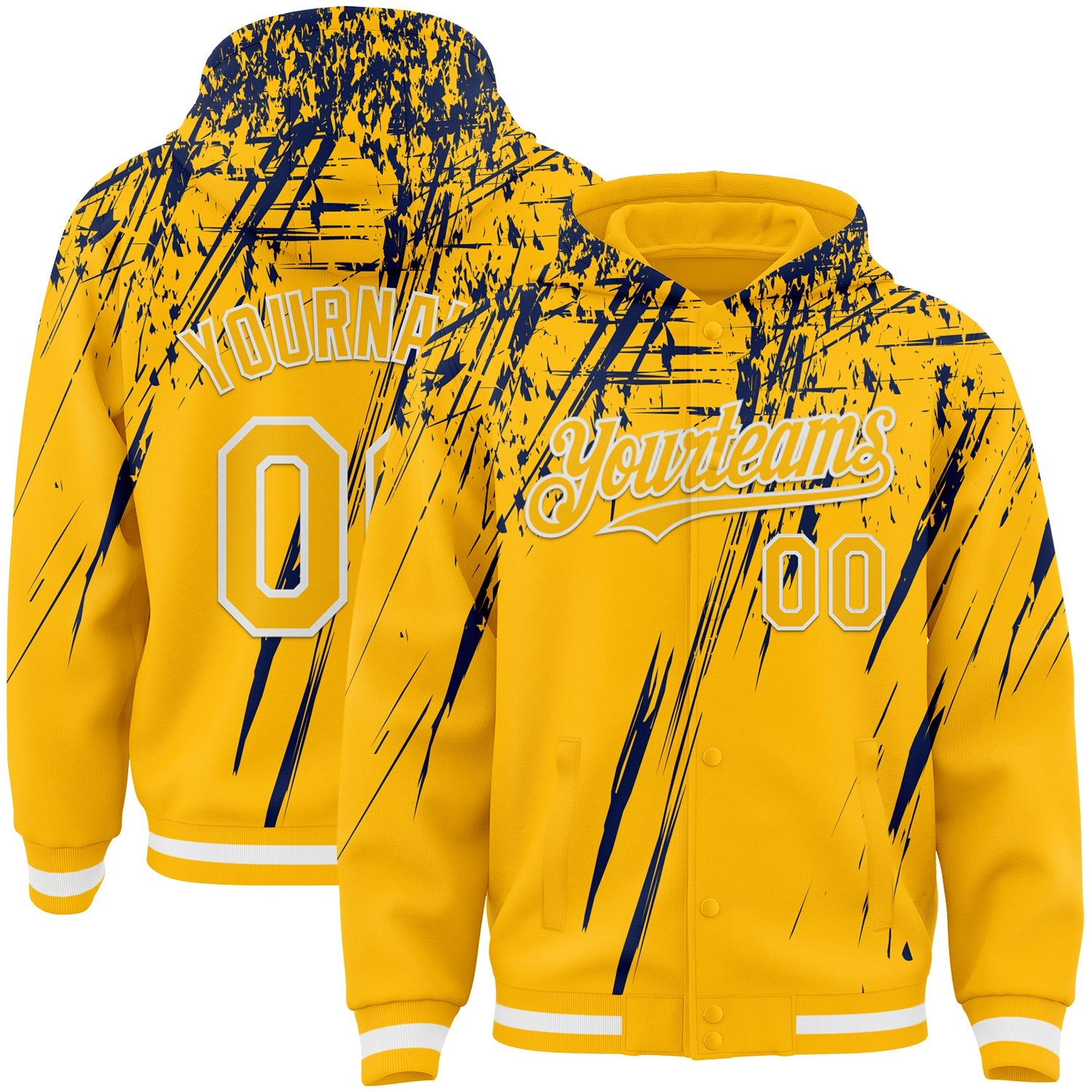 Custom Gold Navy-White Splash Bomber Full-Snap Varsity Letterman Hoodie Jacket - Main View